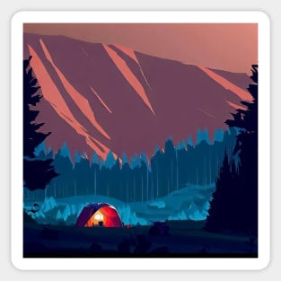 Isometric vaporwave camp in forest and mountains landscape Sticker